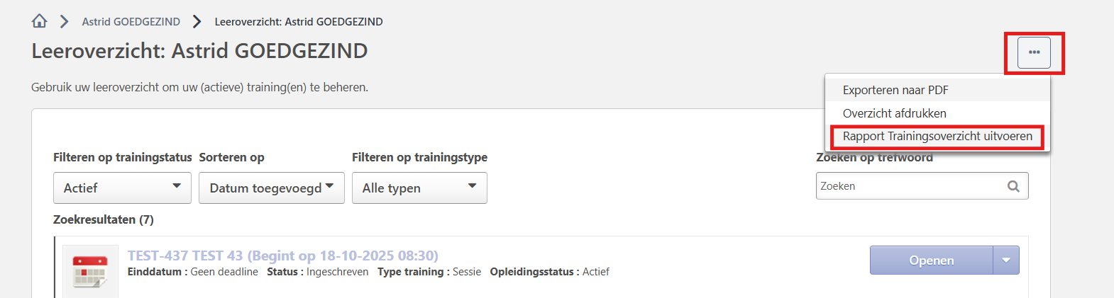 Rapport trainingsoverzicht uitvoeren